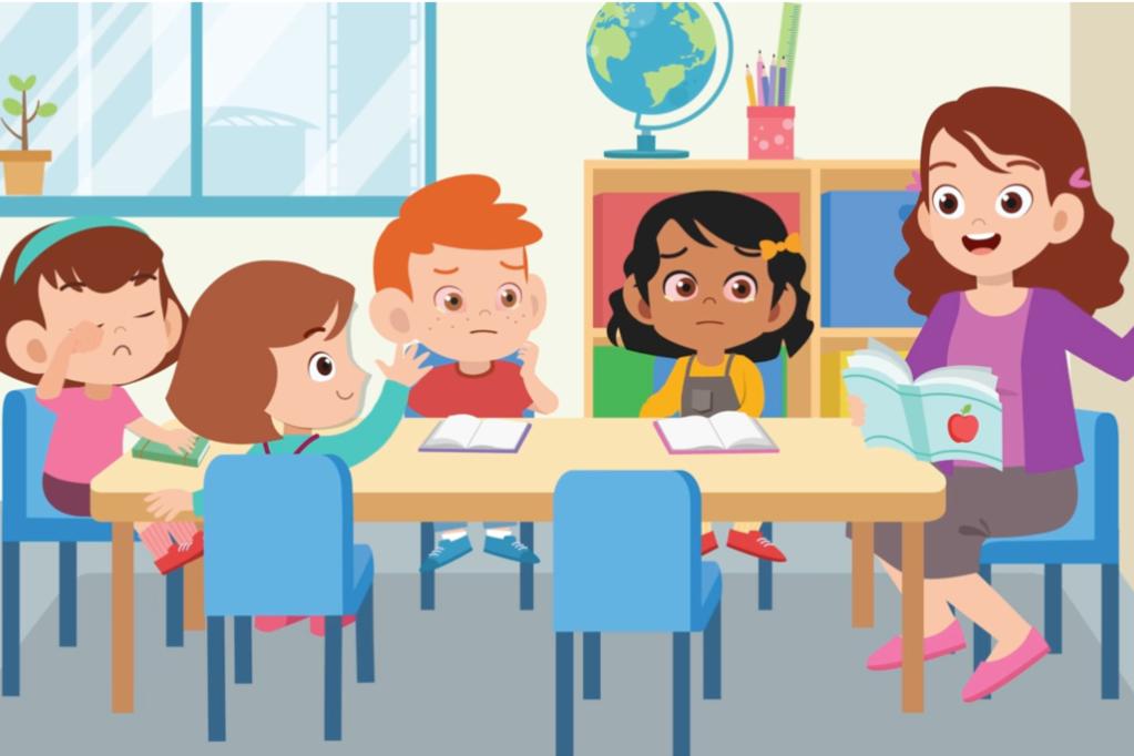An illustration of a teacher reading a book to a small group of children sitting around a table in a classroom. The children have books open in front of them and look tired or unwell, with one child rubbing their eye.