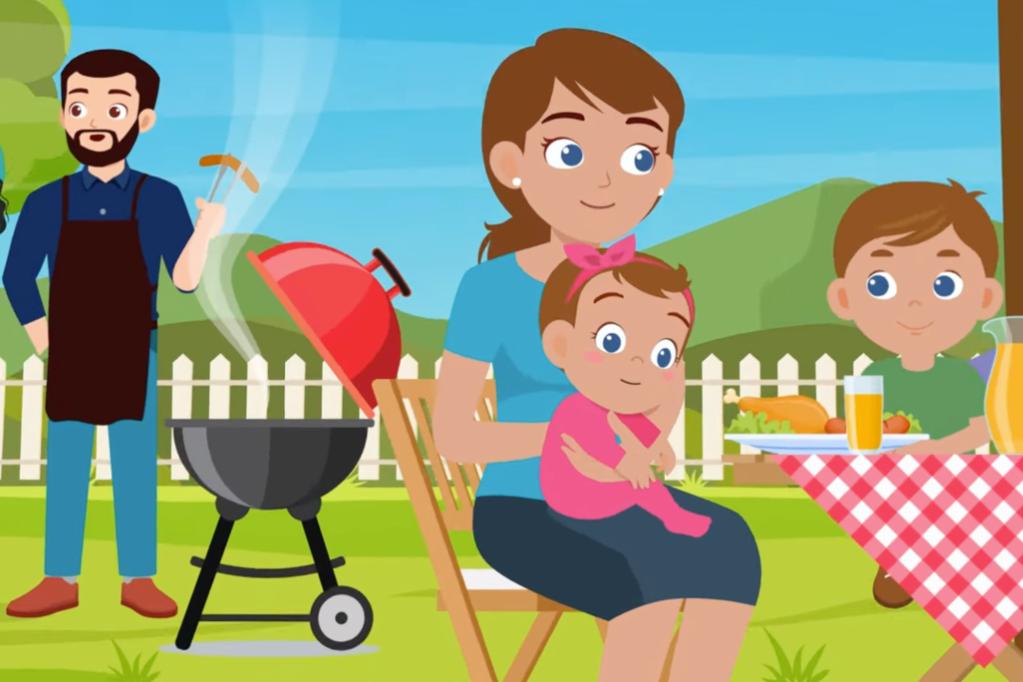 An illustration of a family having a barbecue outdoors. A man is cooking on the grill while a woman sits holding a baby on her lap. A child sits at a picnic table with plates of food and a jug of juice. The scene is bright and cheerful.