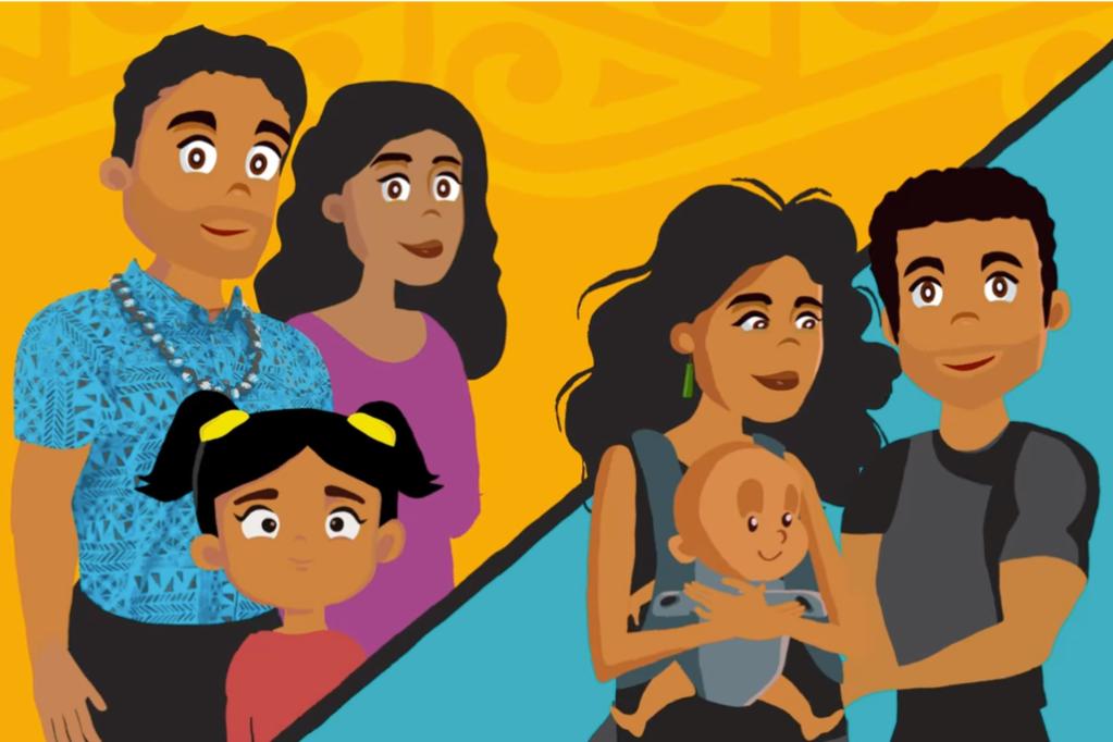 An illustration showing two families. On the left, a man, woman, and young girl stand together. On the right, a couple hold a baby in a front carrier. The background is divided with warm yellow and blue tones, giving the image a bright, friendly feel.