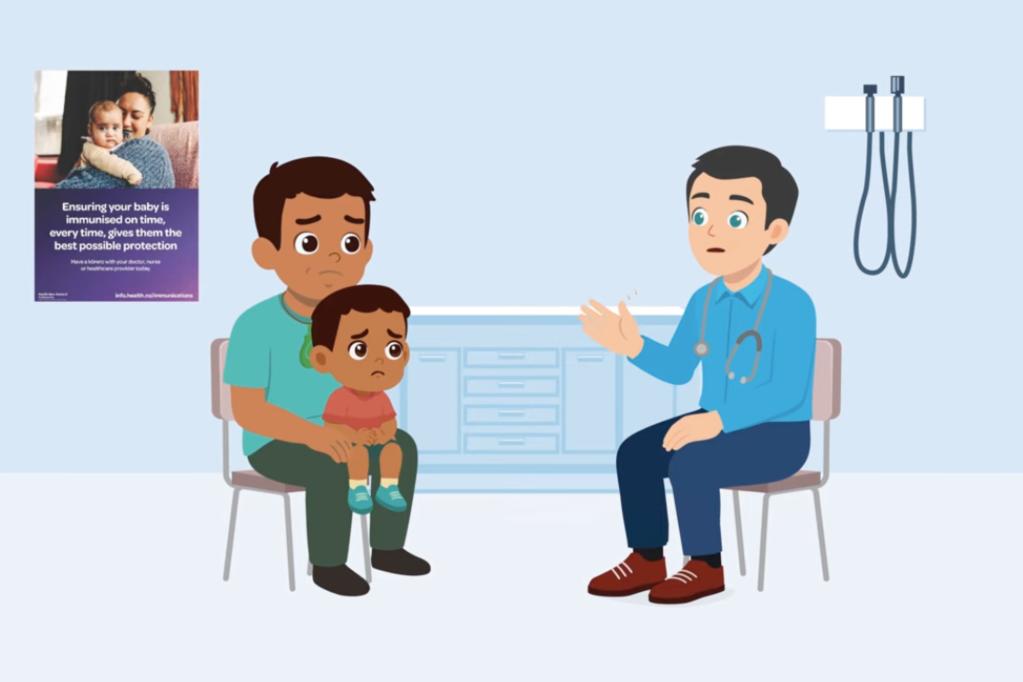 Illustration of a child sitting on an adult’s lap while a doctor talks to them in a clinic room.