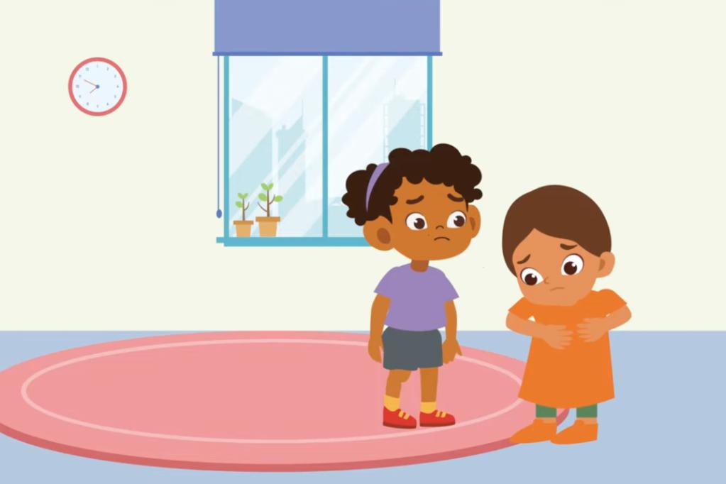 Illustration of 2 children standing indoors, with 1 child holding their tummy while both children look worried.