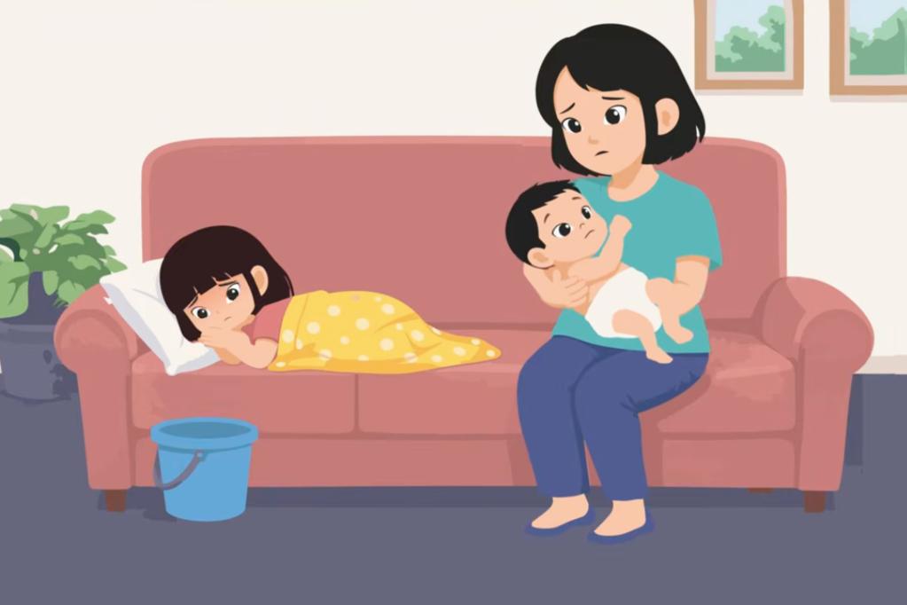 Cartoon illustration of an anxious mother sitting on a pink couch holding a baby, next to a sick young girl lying under a blanket with a blue bucket on the floor nearby.