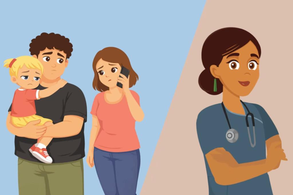 Illustration showing a concerned father holding an unwell young child and a mother on the phone on the left, separated by a diagonal line from a smiling female healthcare professional with a stethoscope on the right.