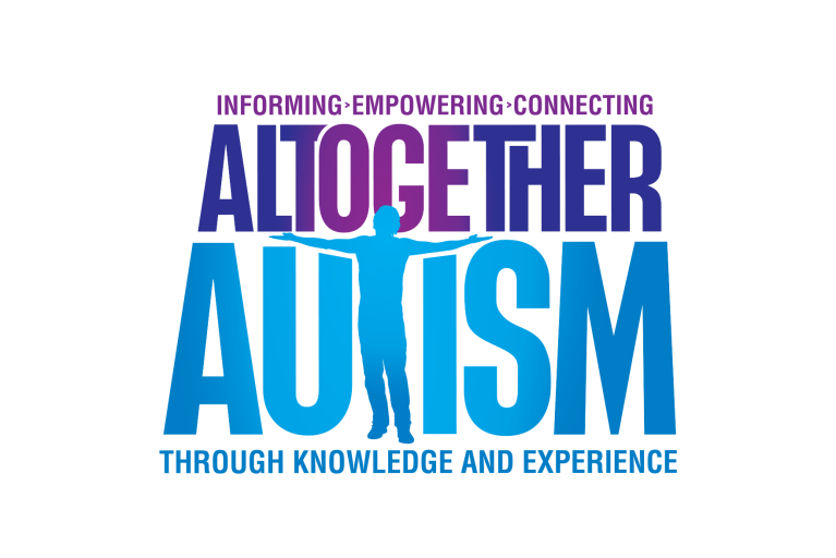 Altogether Autism logo featuring the text “Altogether Autism” in bright blue with a silhouette of a person with outstretched arms. "Informing Empowering Connecting" is written in in purple above it and “Through Knowledge and Experience" in blue below.