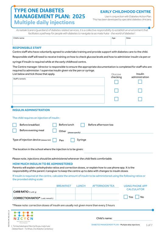 Diabetes MDI management plan for early childhood education 2025