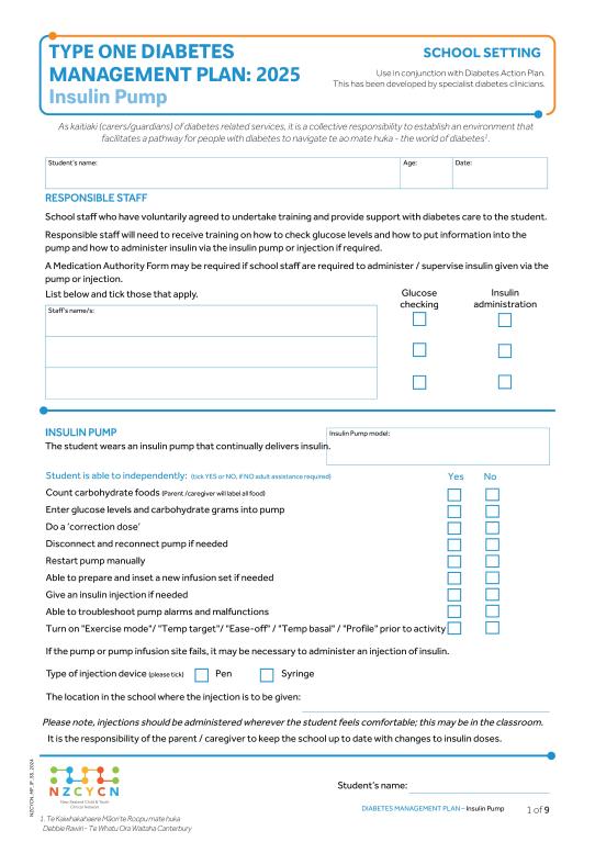 Diabetes insulin pump management plan for school 2025