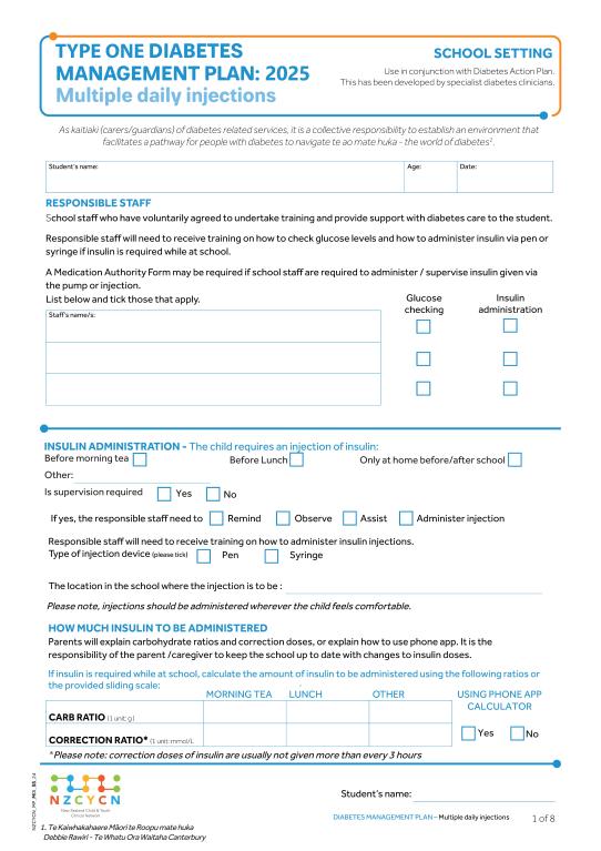 Diabetes MDI management plan for school 2025