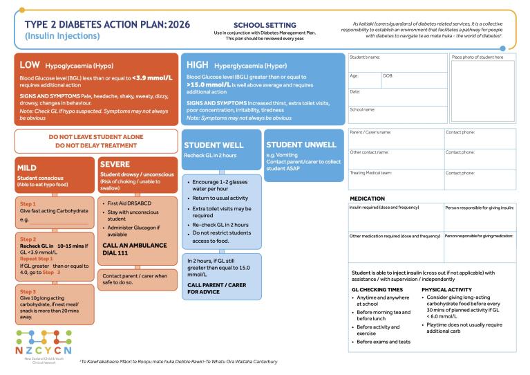 Image of the  NZCYCN School Action Plan Type 2 Diabetes (Insulin Injections) 2026 Cover