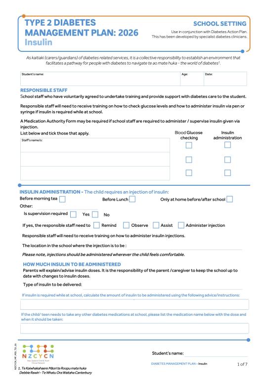 Image of NZCYCN School Management Plan Type 2 Diabetes (Insulin Injections) 2026 cover