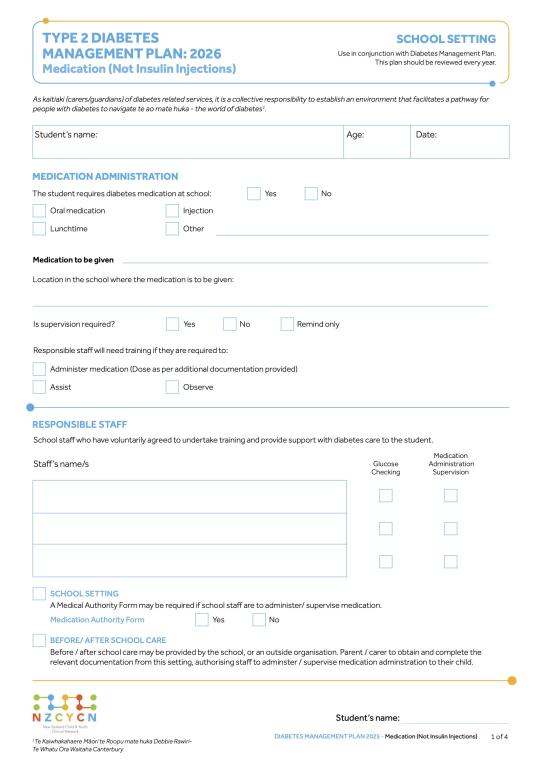 Image of NZCYCN School Management Plan Type 2 Diabetes (Medication) 2026 cover