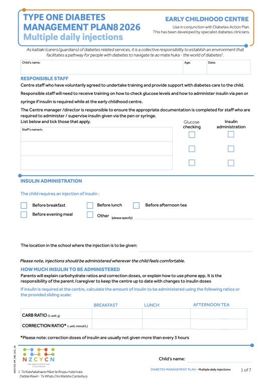 Image of NZCYCN Diabetes MDI Management Plan for ECE 2026 cover