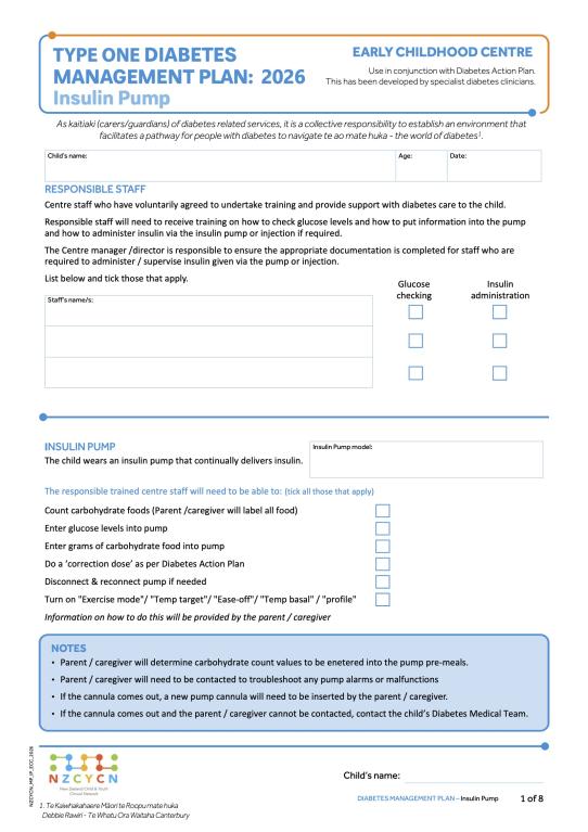 Image of NZCYCN Diabetes Insulin Pump Management Plan for ECE 2026 cover