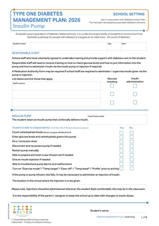 Image of NZCYCN Diabetes Insulin Pump Management Plan for School 2026 cover