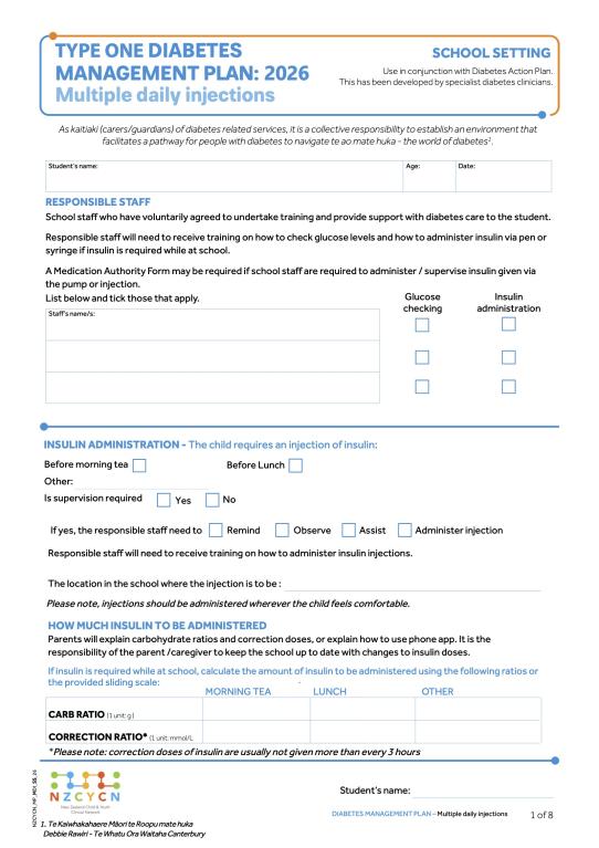 image of NZCYCN Diabetes MDI Management Plan for School 2026 cover