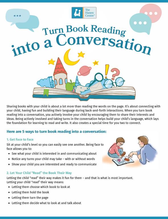 The front page of a handout titled 'Turn book reading into a conversation'