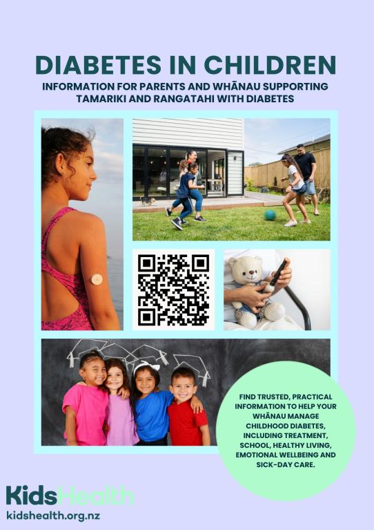 KidsHealth diabetes in children QR code poster with photographs of children and families, a QR code linking to KidsHealth diabetes information, and text encouraging parents and whānau to access trusted information about childhood diabetes.