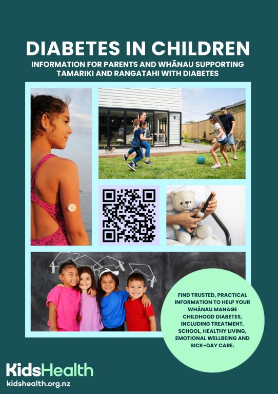 KidsHealth diabetes in children QR code poster with photographs of children and families, a QR code linking to KidsHealth diabetes information, and text encouraging parents and whānau to access trusted information about childhood diabetes.