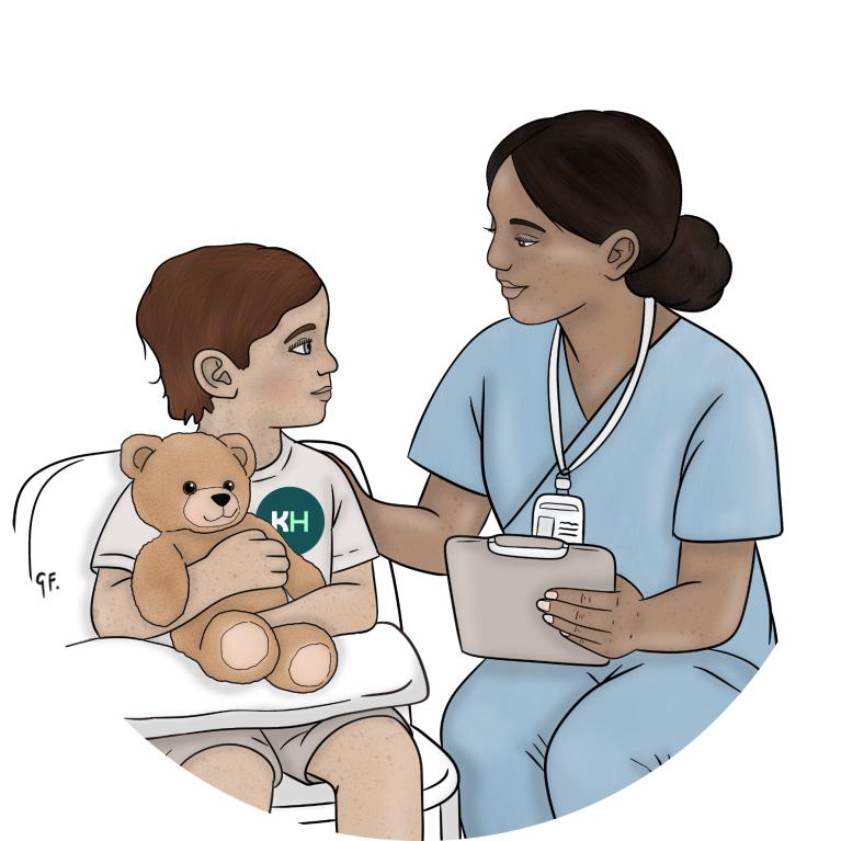 An illustration showing a child holding a teddy bear and talking with a health professional before a blood test.