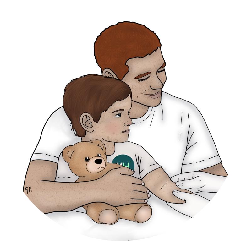 An illustration showing a child sitting with a parent awaiting a blood test.