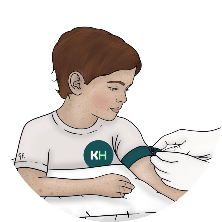 An illustration showing a child sitting while a health professional applies a torniquet to get ready to take a blood test.