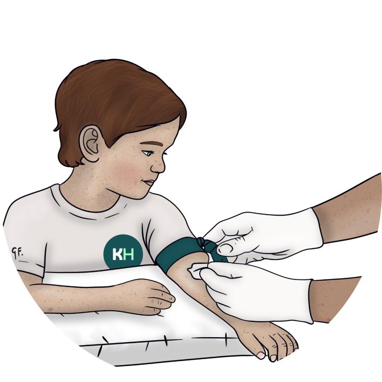 An illustration showing a child sitting while a health professional cleans his skin before a blood test.