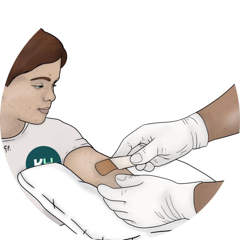 An illustration showing a health professional placing a plaster on a child’s arm after a blood test.