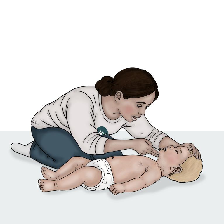 A woman supports a baby’s forehead with one hand and lifts the baby’s chin with two fingers.