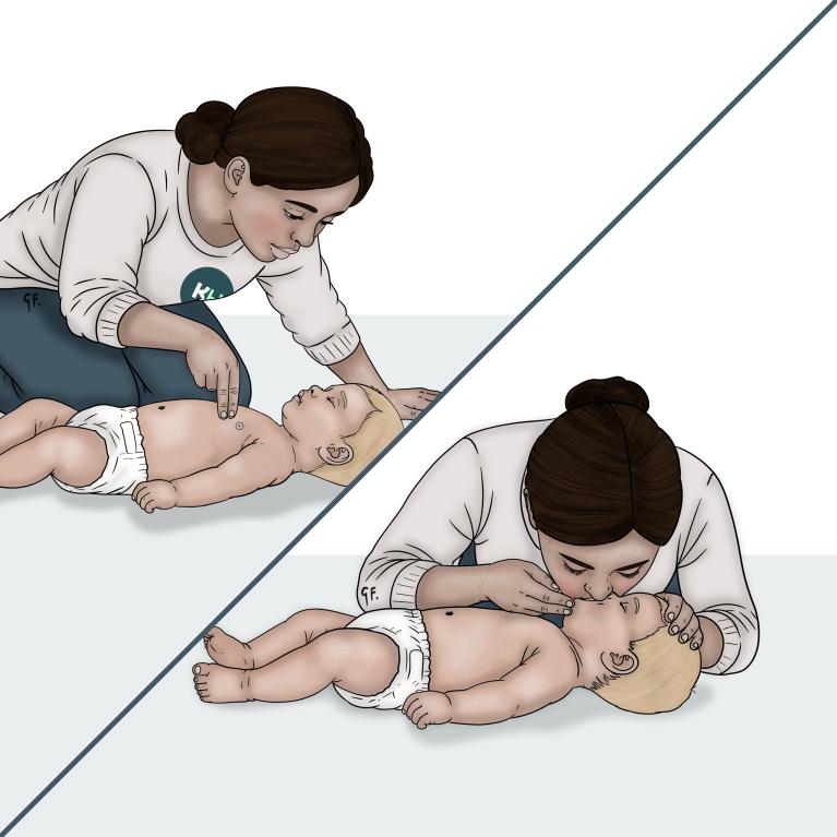 Two pictures show a woman giving a baby CPR. In one, her mouth covers the baby’s mouth and nose to give a breath. In the other, she places two fingers in the centre of the baby’s chest to give compressions.