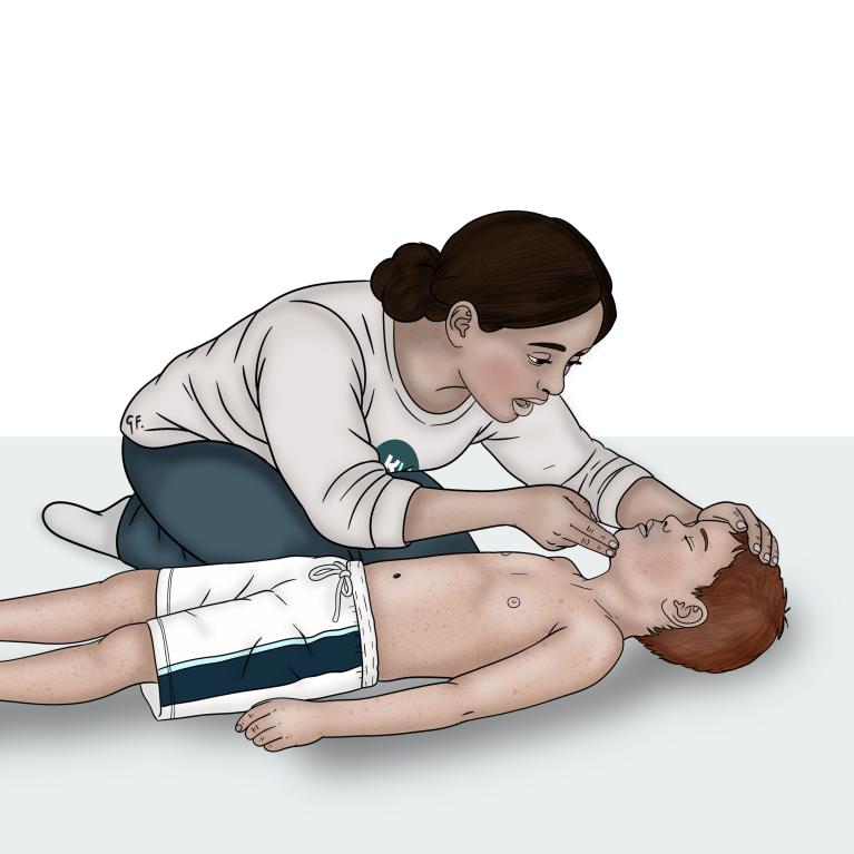 A woman supports a child’s forehead with one hand and lifts the child’s chin with two fingers.