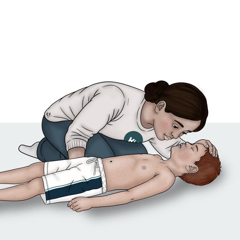 A woman leans close to a child’s face to check and feel for breathing while keeping one hand on the child’s forehead.