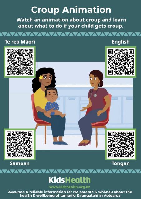 A KidsHealth New Zealand educational poster featuring QR codes in four languages (Te reo Māori, English, Samoan, and Tongan) surrounding an illustration of a mother holding a child whilst consulting with a healthcare professional about croup.