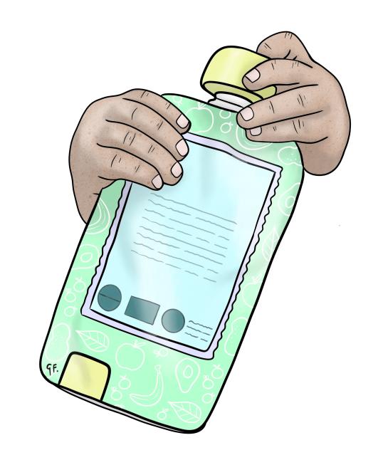 Illustration of baby hands holding a commercial food pouch