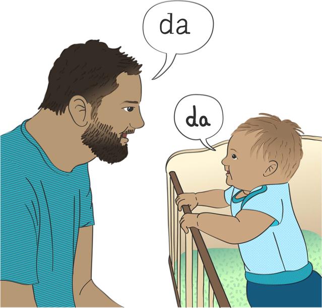 Illustration of a 9 month old baby standing in their cot. The father is crouched next to the cot. Speech bubbles show both of them saying 'da'.