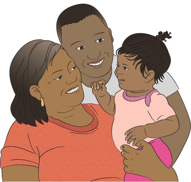 Illustration of 9 month old baby and their parents. The mum is holding the baby and they are all looking at each other.