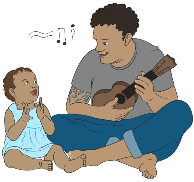 An illustration of a 12 month old baby clapping and sitting next to their dad who is playing the guitar.