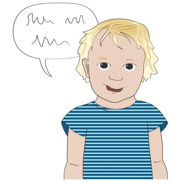 An illustration of a 24 month old child with a speech bubble containing squiggly lines. 
