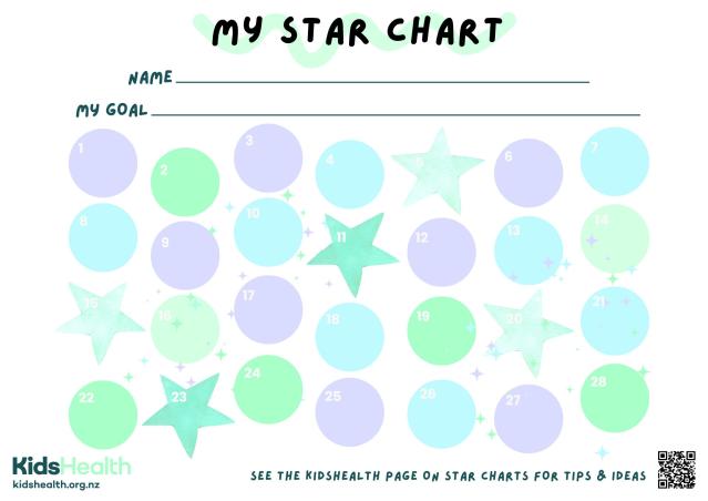 Illustrated KidsHealth star chart with numbered circles 1 to 28, where children can mark or place a star each day towards their goal. There are spaces at the top to write the child’s name and their goal.