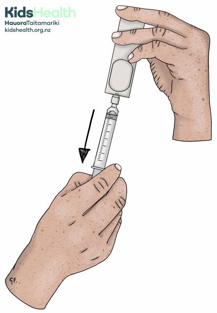 An illustration showing hands drawing up midazolam into a syringe from an ampoule. An arrow points downward to show the direction of the liquid being drawn.