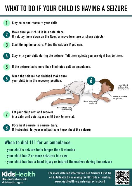 A medical infographic from KidsHealth New Zealand outlining eight essential steps for managing a child's seizure, including when to call an ambulance and how to place them in the recovery position, with accompanying illustrations.