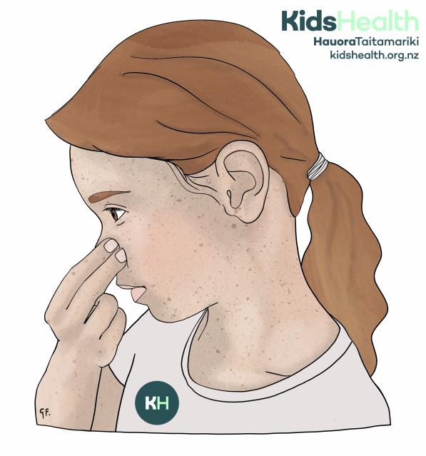 An illustration of a child pinching the soft part of their nose to stop a nosebleed.