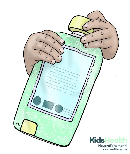 Illustration of baby hands holding a commercial food pouch