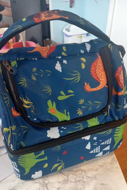 A dinosaur-print insulated cooler bag used to carry tube feeding supplies.