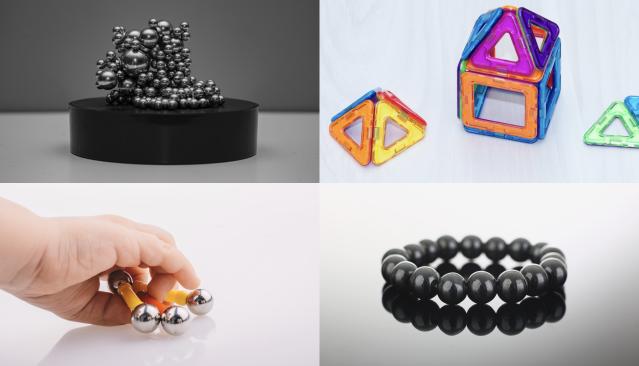 Four photographs showing different types of magnets, including magnetic balls, magnetic building tiles, magnetic rods and balls, and a magnetic bracelet.