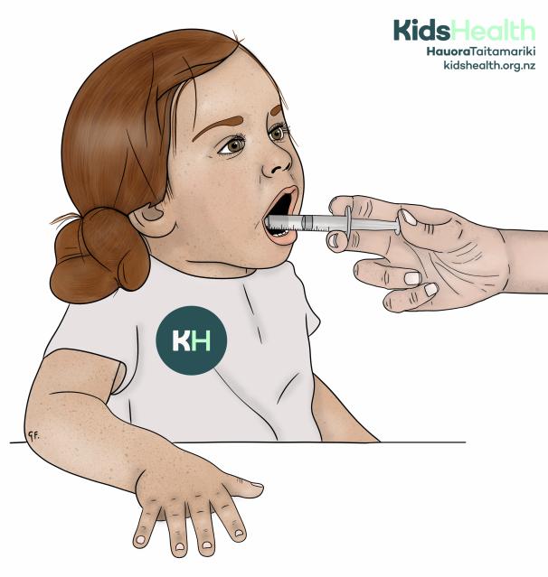 An illustration showing a child taking liquid medicine by mouth from a syringe.