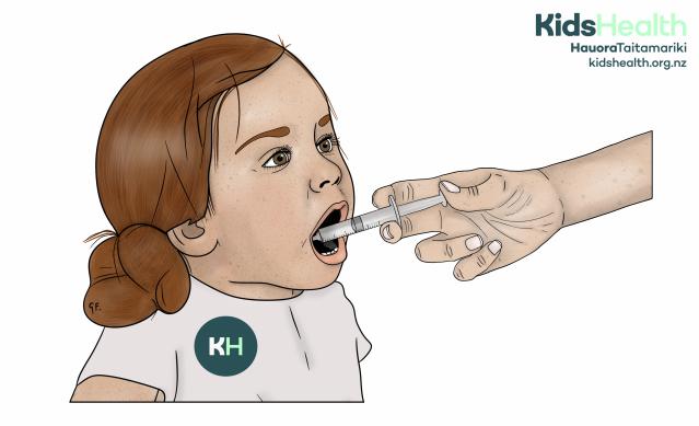 An illustration showing a child taking liquid medicine by mouth from a syringe.