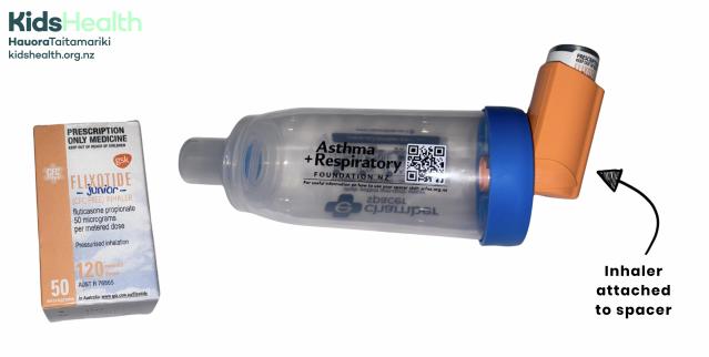 A photo showing a Flixotide Junior inhaler attached to a spacer, with a box of Flixotide Junior beside it.