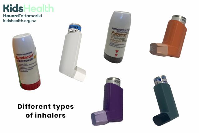 A photo showing different types of asthma inhalers, including Turbuhalers and metered-dose inhalers.