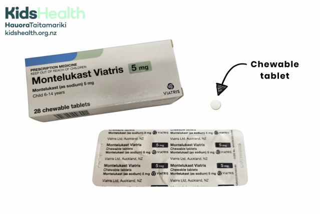 A photo showing a box, blister pack and chewable tablet of montelukast.
