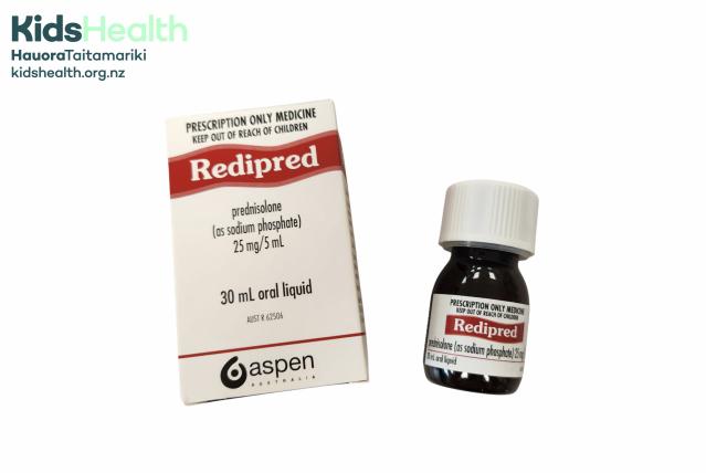 A photo showing a box and bottle of Redipred prednisolone oral liquid.