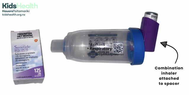 A photo showing a Seretide combination inhaler attached to a spacer, with a box of Seretide beside it.